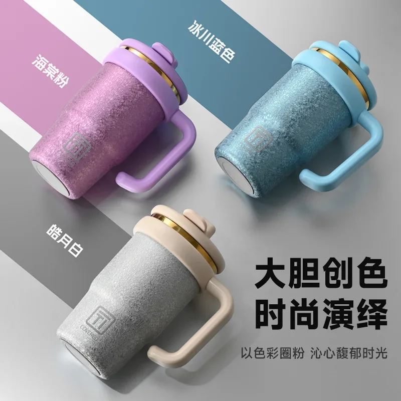 600ml Stainless Steel Thermos Cup With Straw And Handle,Titanium-plated Inner Liner ,2 Drinking Ports,Portable Car Water Bottle