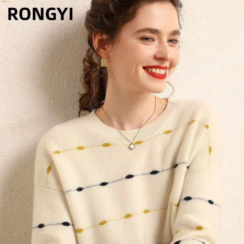 RONGYI 100% Goat Cashmere Sweater Women\'s 12-Pin O-Neck 3-Color Drum Wave Inlay Pullover Knitted Casual Autumn And Winter Top
