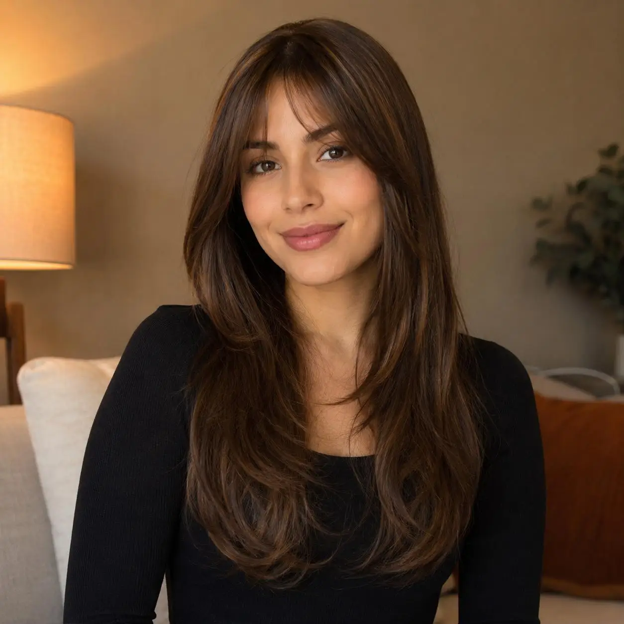 Ladies warm brown long layered straight hair wig with bangs heat-resistant synthetic fiber, glue-free design