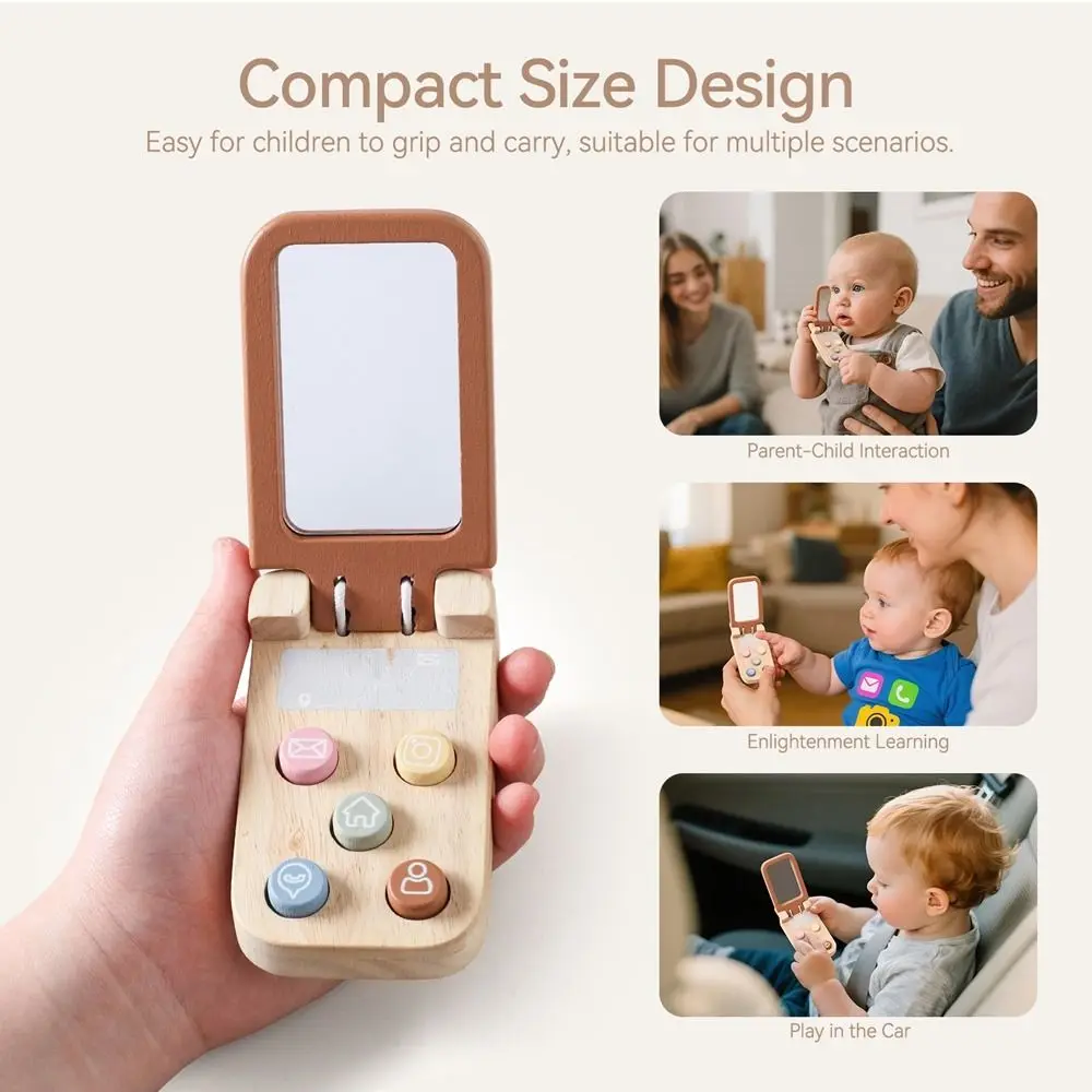 Creative Bear Cell Phone Toy Flip Wooden Baby Montessori Toy Fingers Press with Mirror Sensory Toys