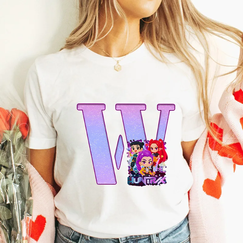 Kpop Demon Hunters Cartoon Alphabet A-Z 26 Women Cotton T Shirt Summer Short Sleeve Tee Cute Anime T-shirt Harajuku Tshirt Tops