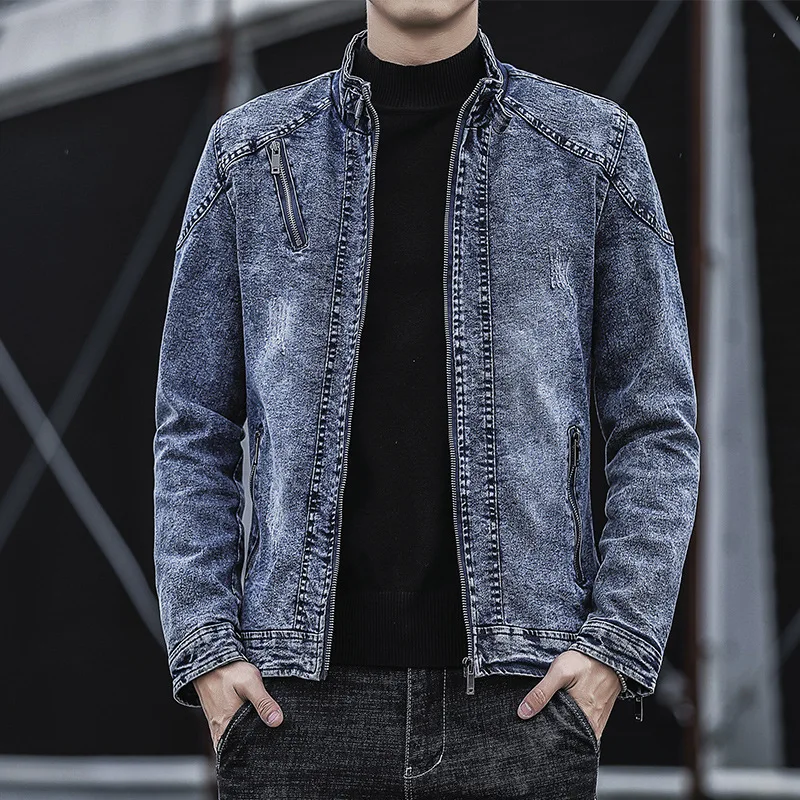 2026 Spring Autumn Men Jacket Simple Solid Color Stand Collar Male Denim Coat Retro Long Sleeve Zipper Casual Man Outerwear