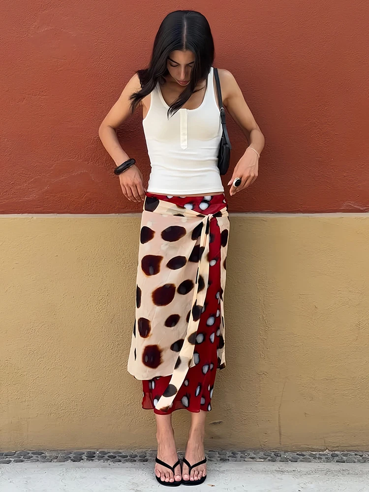 JULISSA MO Irregular Print Polka Dot Bandage Women Skirt Khaki Double Layer High Waist Skirt Summer New Casual Holiday Beachwear