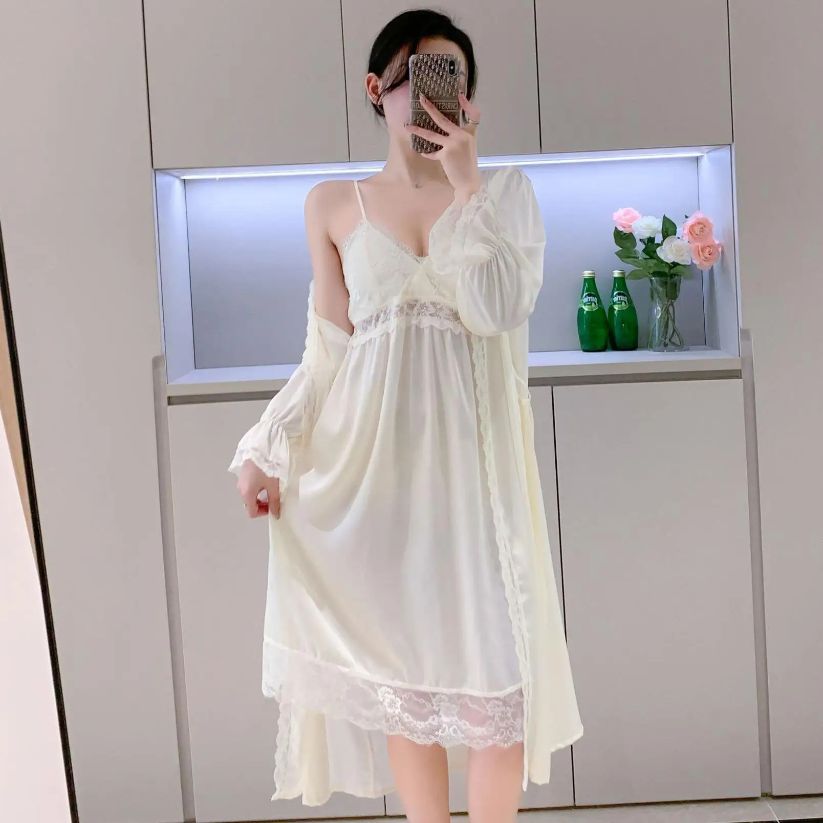 Bride Bathrobe Gown Suit Wedding Summer Sleepwear Women Twinset Robe Set Sexy Lace Kimono Nightdress Satin Homewear