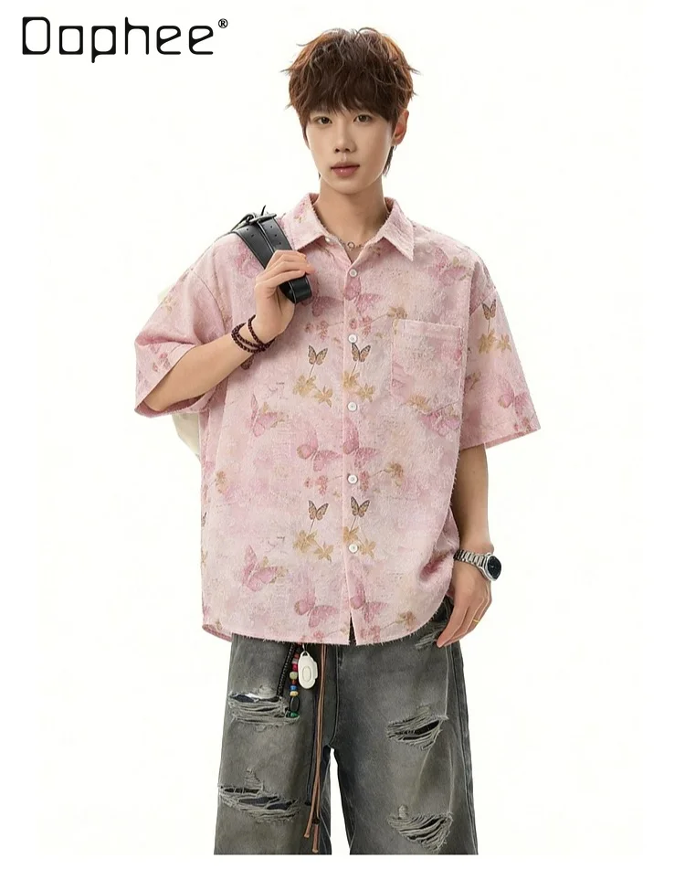 Men's Pink Butterfly Print Textured Short Sleeve Shirt Casual Loose Button Down Shirt Streetwear Hawaiian Blouse for Summer