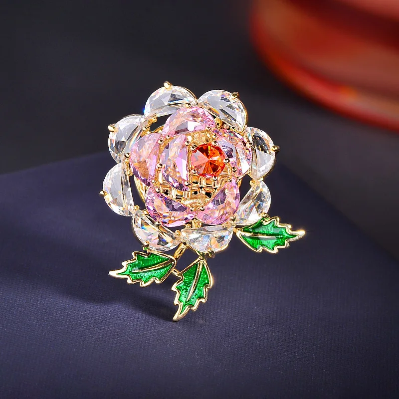 Brooch Chinese Style Lucky Auspicious Camellia Magnetic Shiny Zircon Enamel Leaf Elegant Blessing Fortune Jewelry Gift For Women