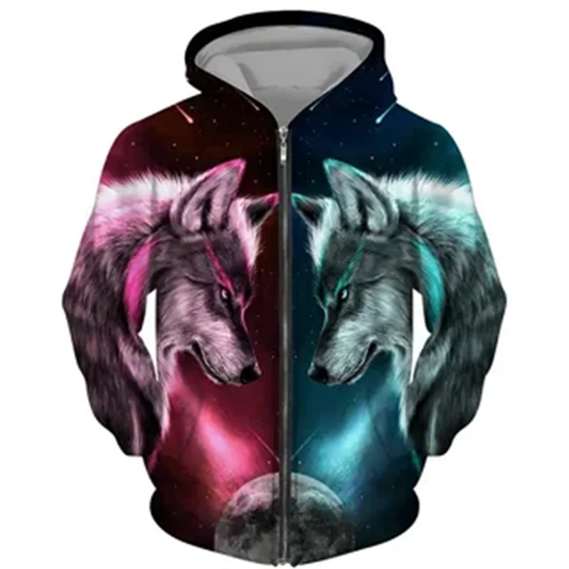 Felpa con cappuccio Wolf Zip per uomo felpa 3d Animal Print primavera autunno manica lunga felpe con cappuccio larghe Oversize da uomo Casual