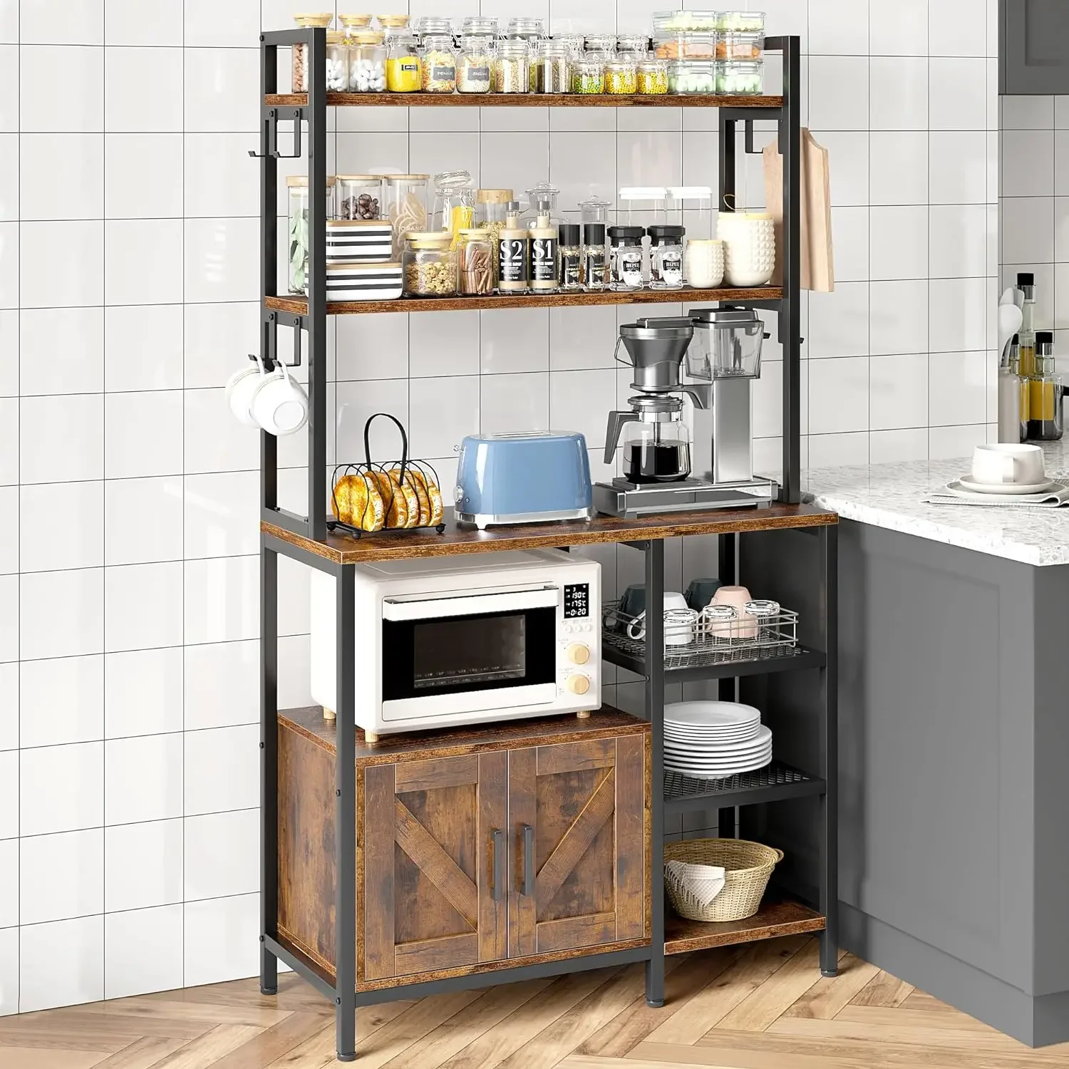 Imagem -02 - Bakers Racks para Cozinhas Organizadores e Armazenamento Tier Kitchen Rack com Gabinete e Ganchos Laterais Suporte para Microondas de Grande Capacidade