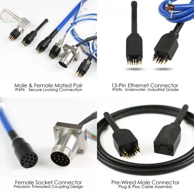 DIL13 compatible power supply and GigE Cat5e underwater round 13-pin male and female plug connector 316L SS IP69 for ROV