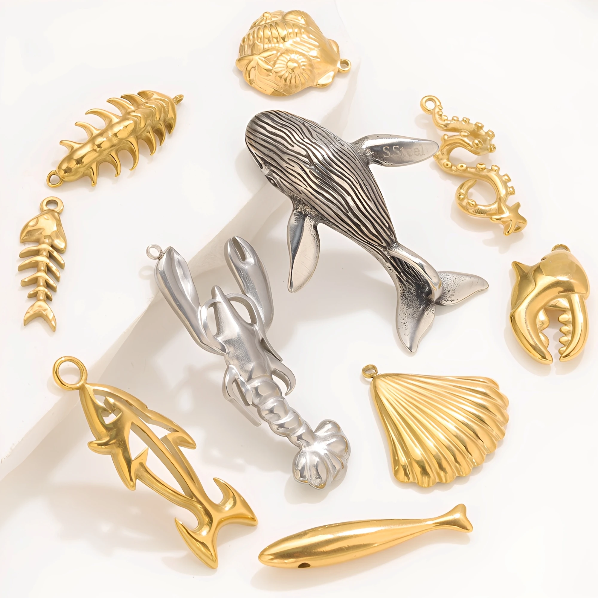 

5Pcs Stainless Steel Gold Ocean Animal Starfish Fish Pendant Charms for DIY Necklace Key Ring Jewelry Making Connector Wholesale