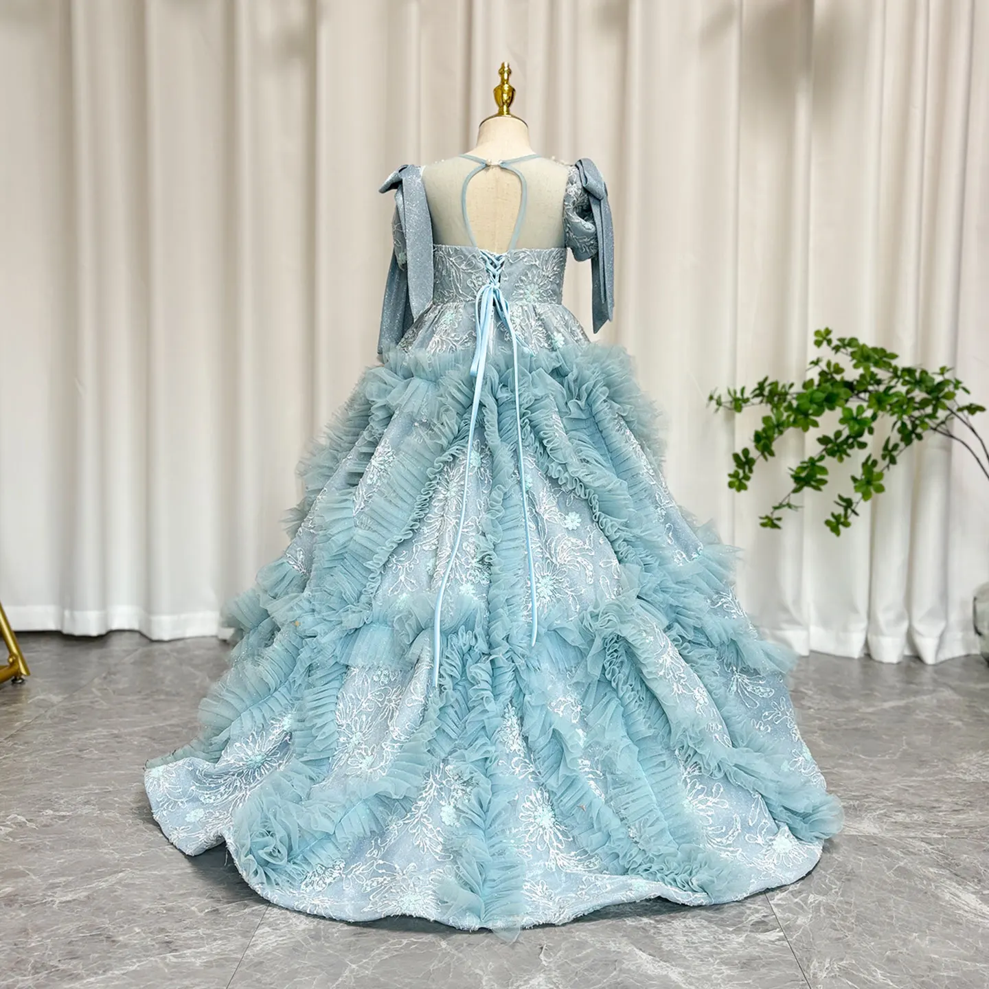 Jill Wish Luxury Arabic Flower Girl Dress Dubai Blue Pearls Beaded Princess Gown for Kid Birthday Wedding Party Pageant J020