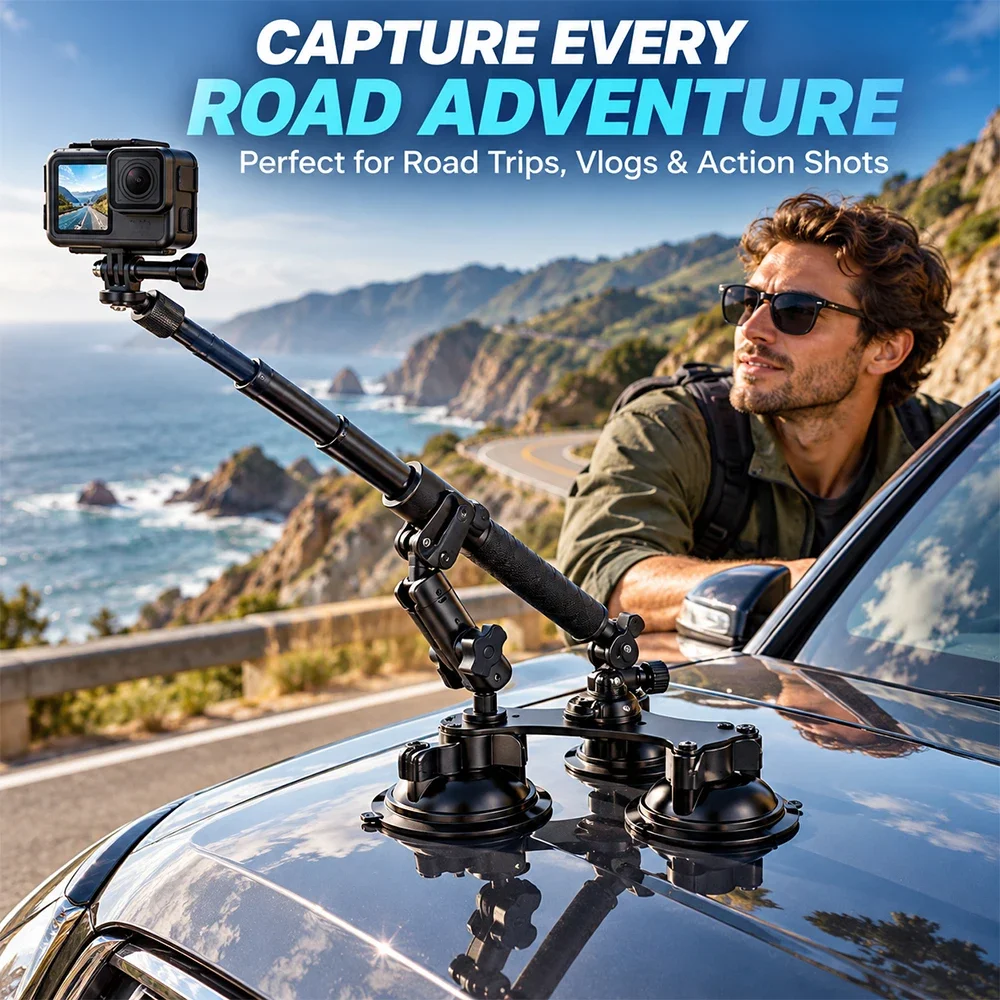 SIHAO Action Camera Suction Cup Car Mount 5 Suction Cups Kit Selfie Stick for Insta360 X4 X3 X2 X One RS One R GoPro