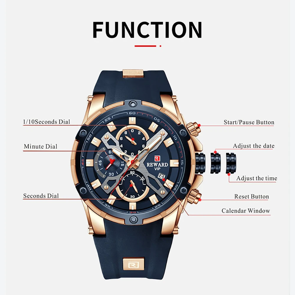 REWARD Man Wristwatch Luxury Sport Men Quartz Watch For Men Chronograph Silicone Waterproof Luminous Date Men\'s Watches