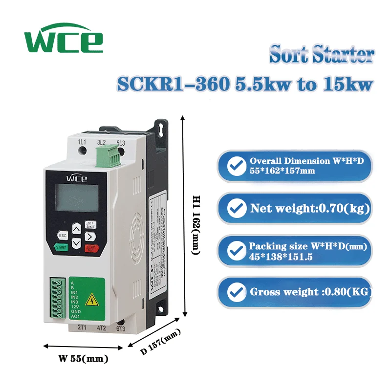 7.5KW 3-Phase Compact Solid-State Soft Starter 10HP Motor Starter Soft Start AC RS485 Communication IP65 Protection Stainless