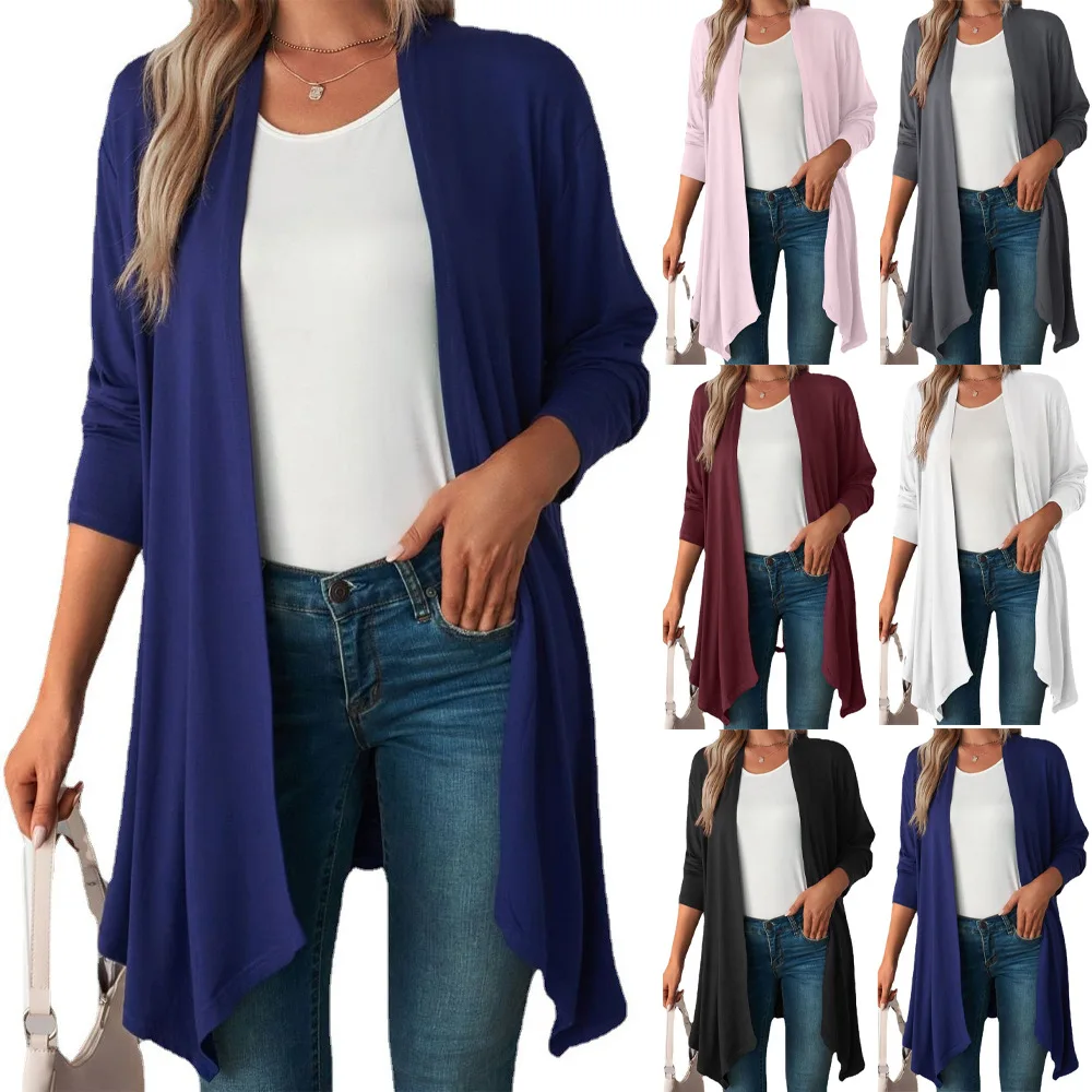 

European and American Women's Clothing 2025 Autumn New Solid Color Long-sleeved Cardigan Jacket Casual Long Top Women