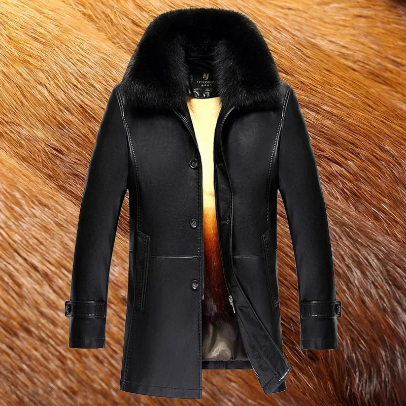 Winter Jackets for Men Mid-long Genuine Leather Jacket Man Clothes Black Fashion Warm Coat Male Fox Fur Collar Chaquetas Hombre