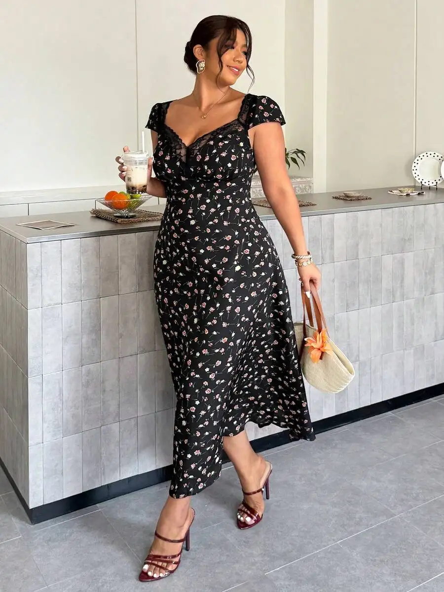 

Plus Size Ditsy Floral Dress For Women Summer Vacation Wedding Guest Festival Outfit