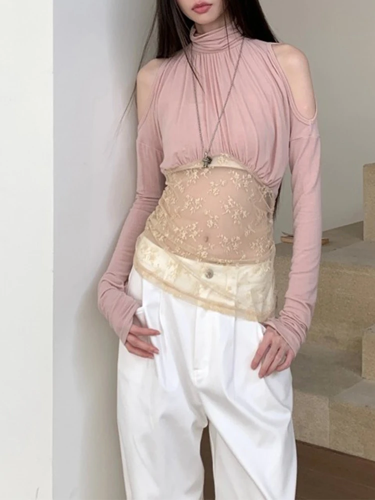 

Spring women's sexy pink Y2K high-end pile collar off shoulder long sleeved base shirt with pleated lace perspective design top