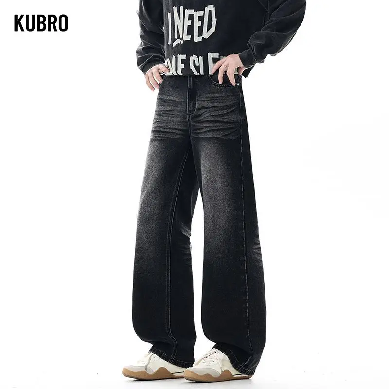 Versleten mannelijke jeans Vintage kleurverloop heren wijde pijpen broek High Street zakken heren denim rechte herfst- en winterbroek