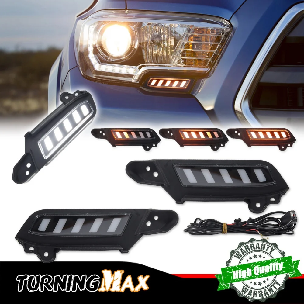 Dual-color Amber LED Front Bumper Sequential Turn Signal Lights w/ Xenon White DRL Fog Lights Kit For Toyota Tacoma 2016-2023