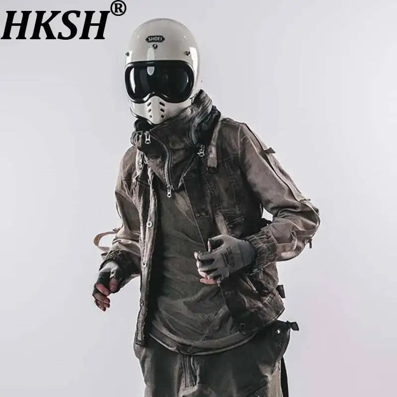 

HKSH Весна Осень Зима Новые Куртки Грязные Промытые Функциональный Стиль Waste Land Тонкие Сетчатые Пальто с Высоким Воротником и Капюшоном HK12671