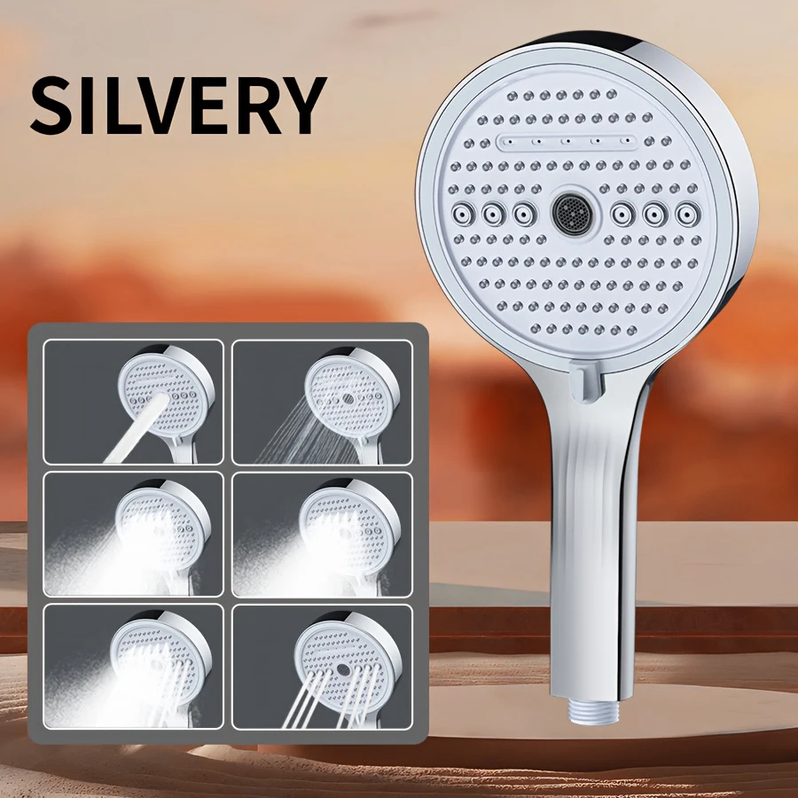 

High Pressure Shower Head with Silicone Nozzles Round 6 Jet Mode Rainfall Adjustable Shower Head Spray Bathroom Accessories