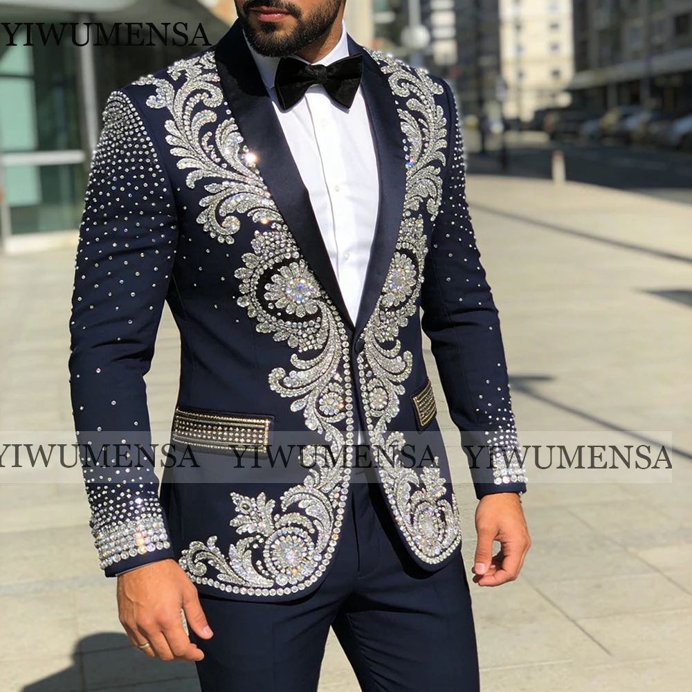 Brilliant Diamond Beading Suits Men For Wedding Shawl Lapel Prom Blazers Customized 2 Piece Sets Groom Tuxedos Plus Size Attire
