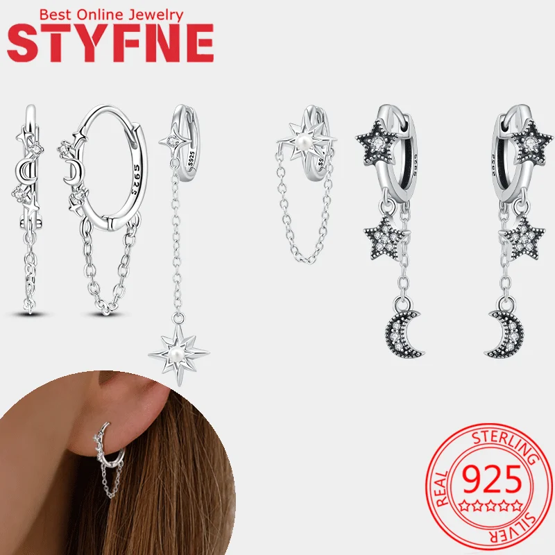

Tassel Chain Hoop Dangle Earring For Women Star Moon Earrings 925 sterling silver Heart CZ Fashion Jewelry Friendship Gift