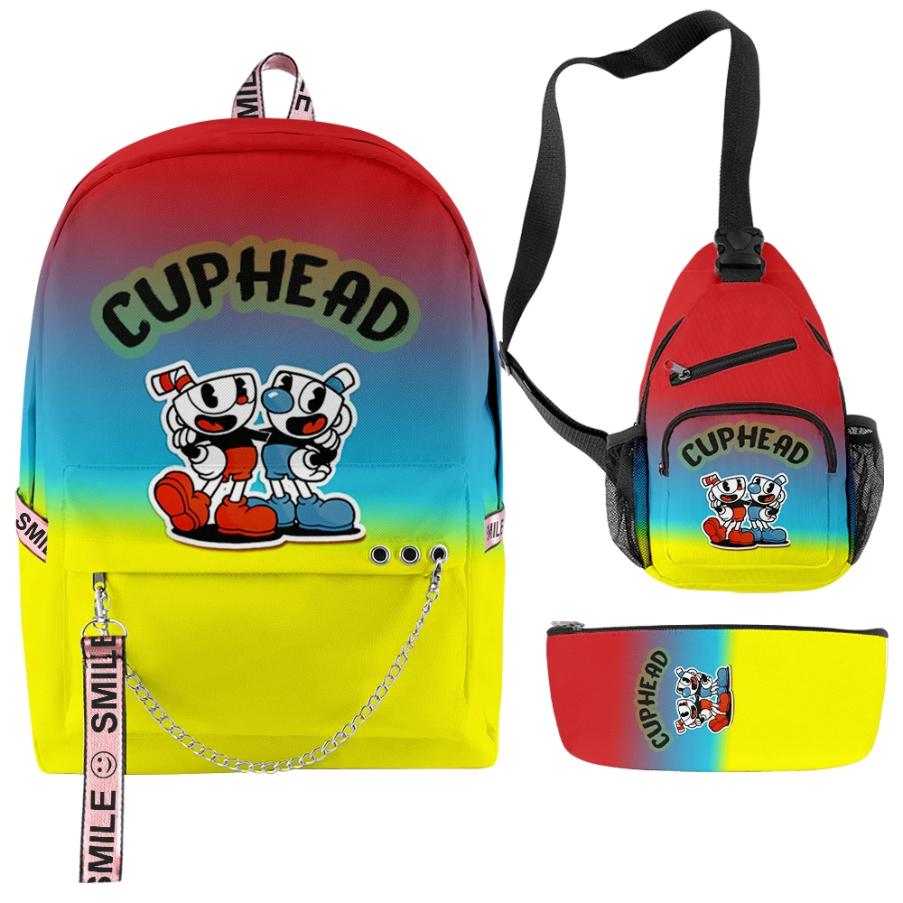 

Hip Hop Popular Funny Cuphead Anime 3D Print 3pcs/Set School Bags multifunction Travel Backpack Chest Bag Pencil Case