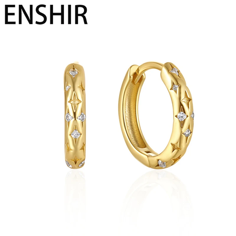 ENSHIR Golden Sliver Inlaid Zircon Star Hoop Earrings for Women Niche Simple Party Jewelry