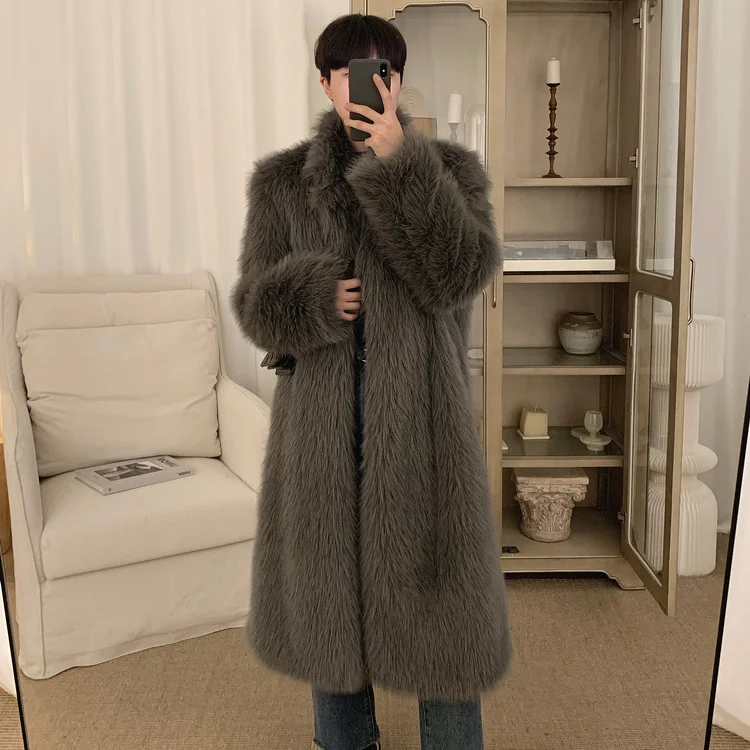 Winter Men's Imitation Fox Fur Coat  New Warm and Thickened Solid Long Tuscany Fashion Street coat Jackets