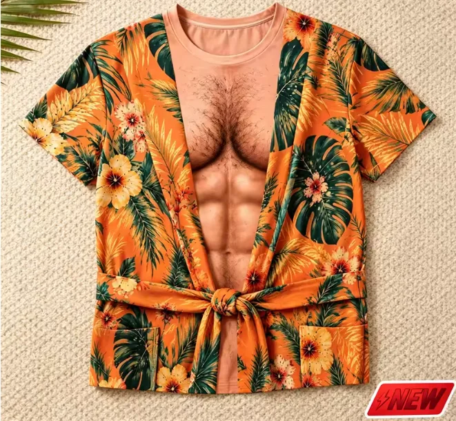 Sexy Hot 3D Fake Muscle Print T‑Shirt Men, Charming Hawaiian Floral Short Sleeve Tee, Novelty Party Beach Costume Top