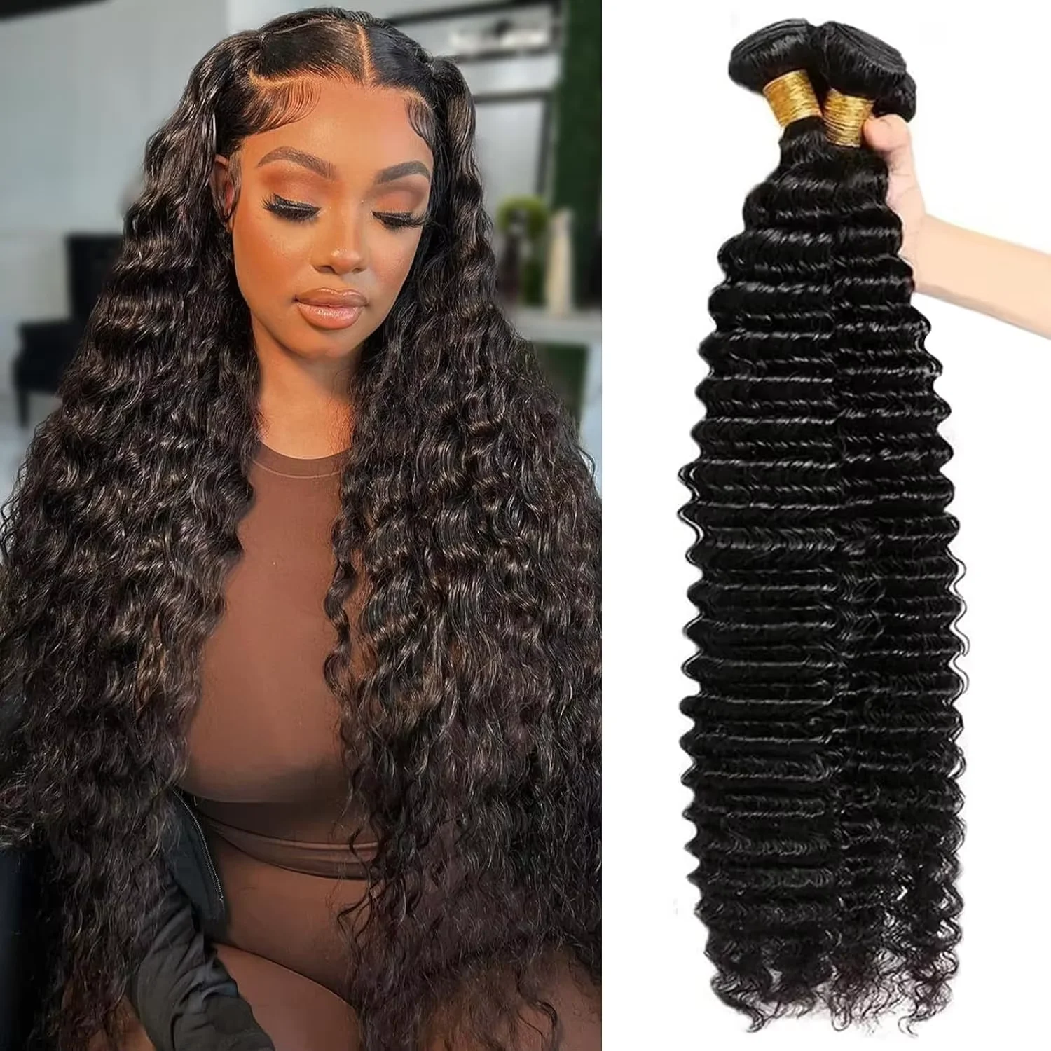 Extensions de cheveux Remy brésiliens de 40 pouces, ondulés profonds, couleur naturelle, non traités, en un seul lot