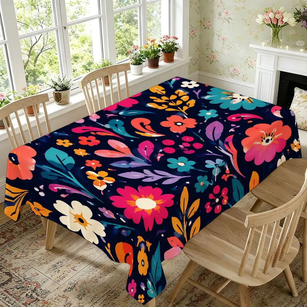 Vibrant Floral Rectangular Tablecloth, Modern Navy Background with Colorful Botanical Print, Durable Fabric Table Cover for Dining Room, Kitchen, Party, Wedding, Holiday Home Decor, Easy Care, Indoor And Outdoor Use