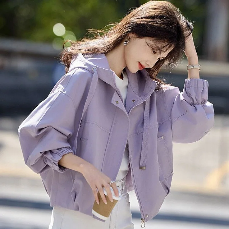 Female Spring Autumn New in Fashion Leisure Solid Color Tops Coat Long Sleeves Jacket Retro Lady Loose Hooded Short Outwear