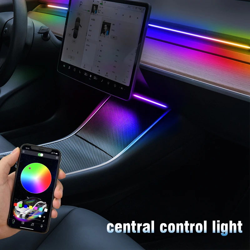 NEW For Tesla Model 3 Y Center Console Dashboard Wireless Charging RGB Neon LED Light Strip Musical Rhythm USB Power APP Control