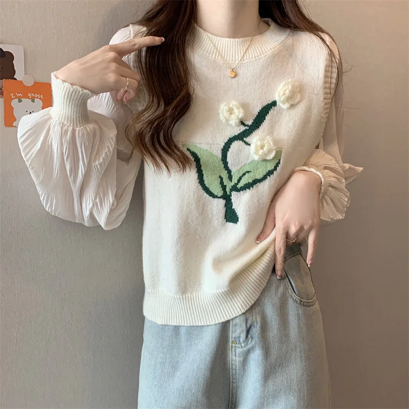 Autumn New Flower Fake Spliced Sweater Chiffon Spliced Pure Desire Round Neck Pullover Knit Women Knitted Shirt Sweater