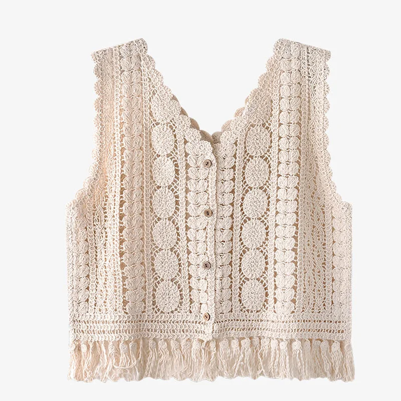 

Boring Honey-Sleeveless Crochet Tassels Tank Top for Women, Hollow Out Crop Top, V-Neck, Single-Breasted Camis, Corset Tops,