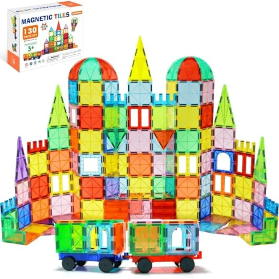 

EchoPlan Magnetic Tiles 130PCS Magnetic Blocks with 2 Cars Clear 3D Building Blocks Set in Transparent Color STEM Sensory Educa