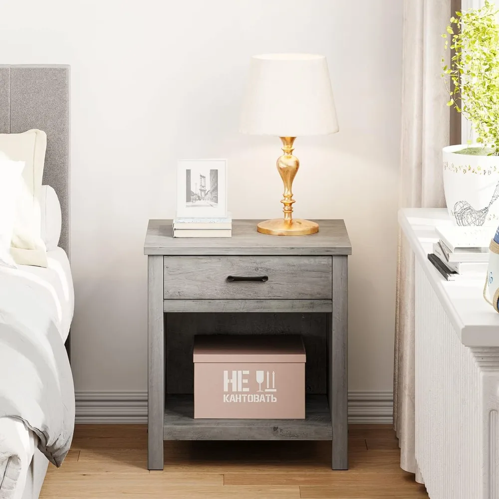 

Grey Bedside Table 2-piece Set with Storage Drawers and Shelves, Wooden Bedside Tables