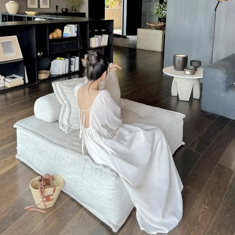 Women's White Backless Tie-Waist Maxi Dress Loose Fit Puff Sleeve Casual Vacation Dress