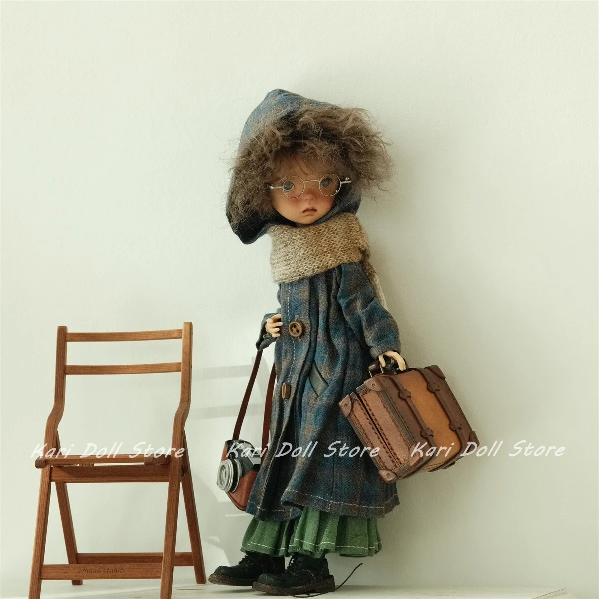 2026 Kari Doll Clothes and Skirts Dark Blue Plaid Linen Coat and Scarf Set for Landazz Landoudou Doll