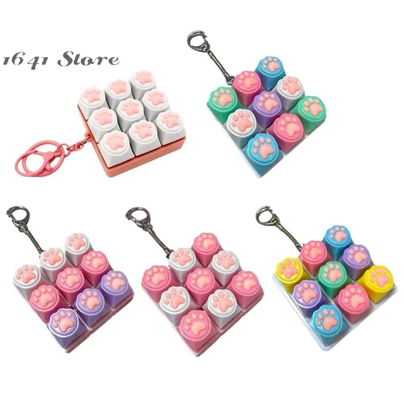 （NEW）9 Keys Silent Keyboard Keychain Creative Cat Paw Button Keycap Stress Relief Toys Fidget Toys For Children Adults Gifts