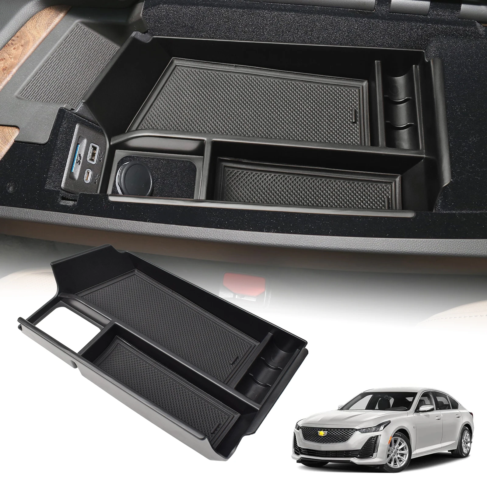 

For 2023 2024 2025 Cadillac CT5 Center Console Tray Organizer Armrest Box Storage Coin Interior Storage Car Box ABS Accessories