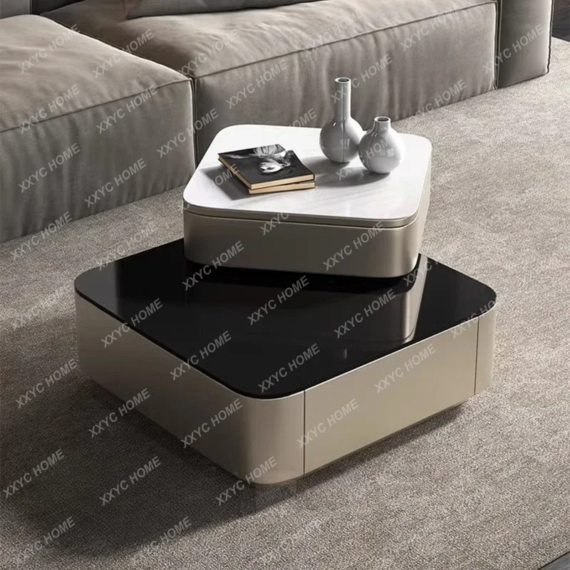 JJJJTempered Glass Coffee Table Rotating Double Size Round Creative Coffee Table