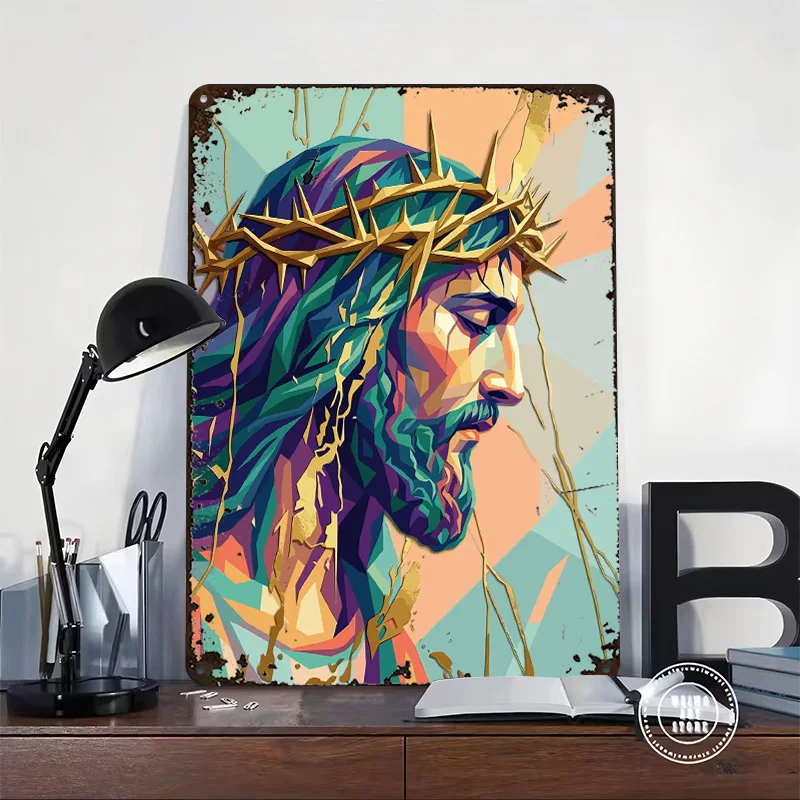 Jesus Christ Crown of Thorns Pop Art Poster Retro 3D Printed Metal Signs Customized Wall Hanging Gift for Room Decoration Man