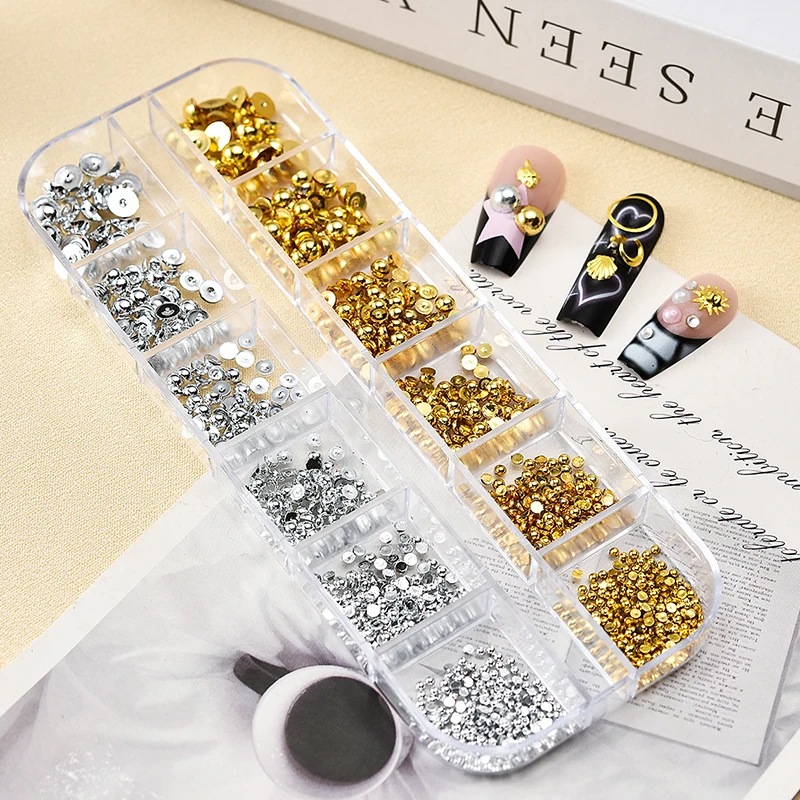12 شبكة مسطحة الذهب الفضة حبات اللؤلؤ مسمار السحر جولة الكافيار الكرة لمسمار الفن زينة ثلاثية الأبعاد مجوهرات أظافر الراين #6