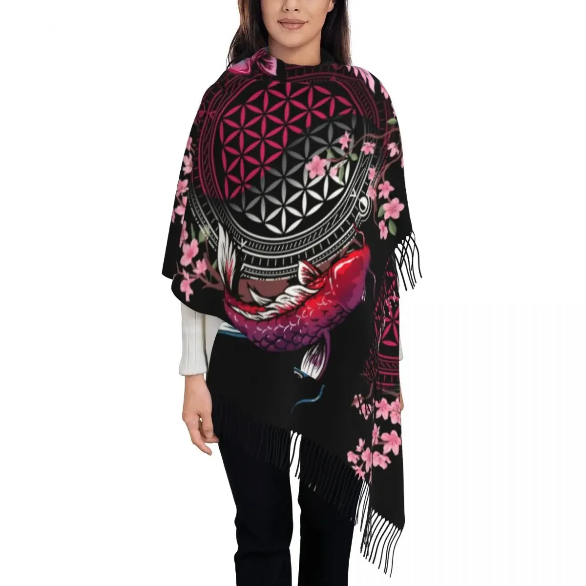 Flower Of Life Sacred Geometry Tassel Scarf Women Winter Warm Shawl Wrap Lady Japanese Koi Fish Cherry Blossom Art Scarves