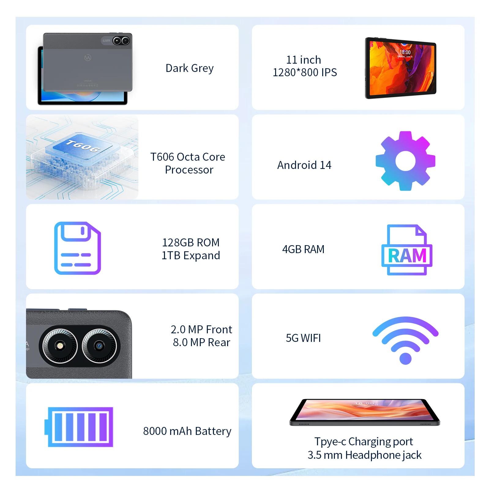 تابلت PRITOM TAB15 مقاس 11 بوصة يعمل بنظام Android 14، ثماني النواة، شاشة HD IPS، WiFi6، 128 جيجابايت، مكبرات صوت ذات صندوق مزدوج، مع حافظة جلدية #6