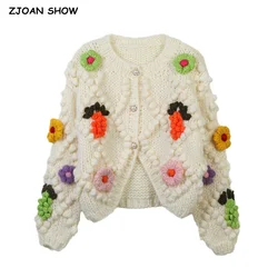 Hakura 3D Flower Ball Hand Made Crochet White Cardigan Lazy CHIC Woman Full sleeve Knitted Sweater Loose Short Knitwear Jumper